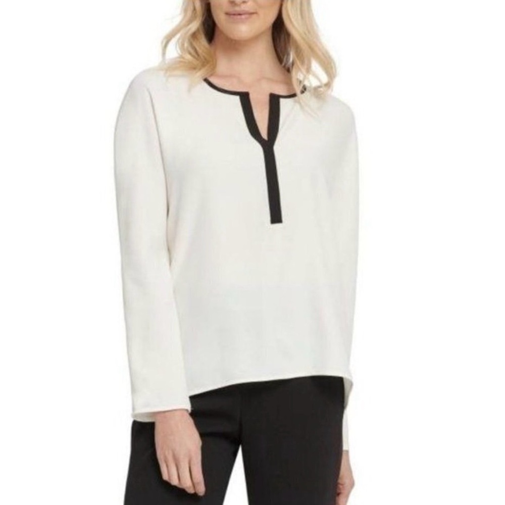 DKNY Women's Blouse in Cream with Black Accents